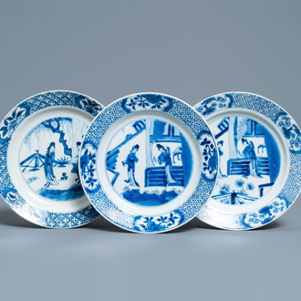 Three Chinese blue and white 'Long Eliza' plates, Jiajing and Xuande marks, Kangxi