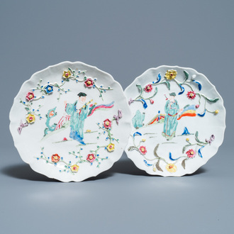 A pair of Chinese famille rose relief-decorated dishes, Yongzheng