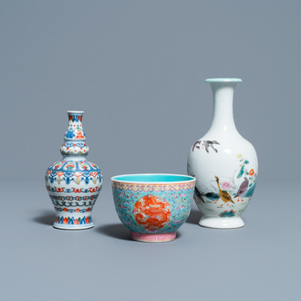 A Chinese famille rose vase, a 'dragon' bowl and a wucai vase, Republic