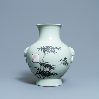 A Chinese celadon-glazed 'hu' vase with bamboo sprigs, Qianlong mark, 20th C.