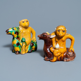 Two Chinese sancai-glazed 'monkey on deer' ewers, 19th C.