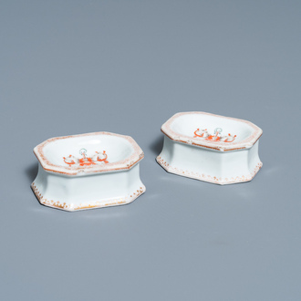 A pair of Chinese Scottish market Ross of Balnagowan armorial salt cellars, Qianlong