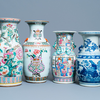 Three Chinese famille rose vases and one in blue and white, 19th C.