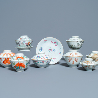 Eight Chinese famille rose and iron-red covered bowls with two stands, 19th C.