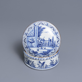 A round Dutch Delft blue and white box and cover with tobacco harvesting scenes, 18th C.