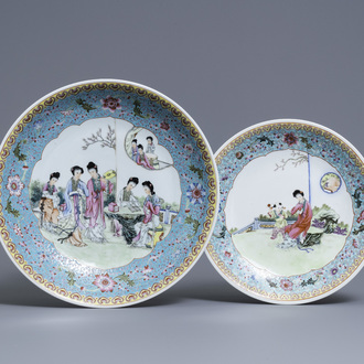 Two Chinese famille rose dishes with ladies in a garden, Qianlong mark, Republic