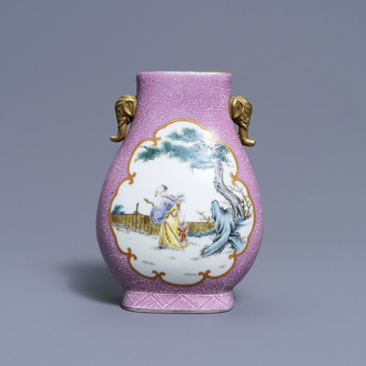 A Chinese pink-ground famille rose 'hu' vase, Jiaqing mark, Republic