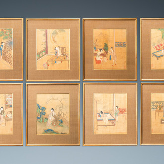 Chinese school, ink and color on silk: Eight erotic and romantic scenes, 18/19th C.