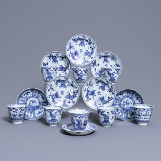 Eight Chinese blue and white cups and saucers, Kangxi