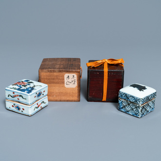 Two Chinese square ko-sometsuke blue and white and wucai covered boxes for the Japanese market, Transitional period