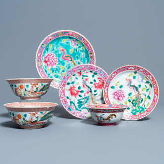 Three Chinese famille rose plates and three bowls for the Straits or Peranakan market, 19th C.