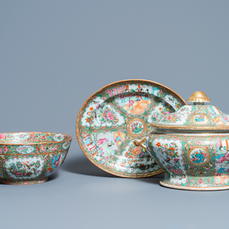 A Chinese Canton famille rose bowl and a tureen on stand, 19th C