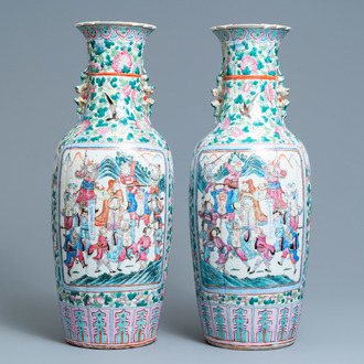 A pair of Chinese famille rose vases with court and warrior scenes, 19th C.