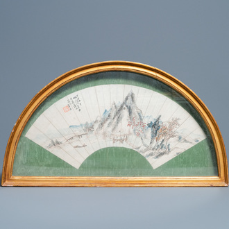 Chinese school, ink and color on paper fan leaf: 'Mountainous landscape', 19/20th C.