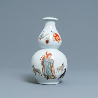 A Chinese polychrome double gourd vase with a goat shepherd, Qianlong mark, Republic