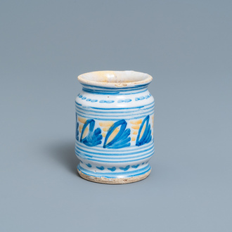 A polychrome maiolica albarello-type ointment jar, Northern Netherlands, ca. 1600