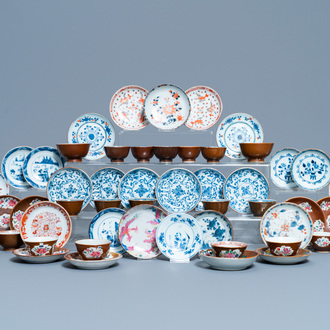 31 Chinese capucine brown-ground saucers and 22 cups, Kangxi/Qianlong