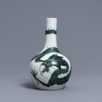 A Chinese famille verte 'dragon' bottle vase, Kangxi mark, 19th C.