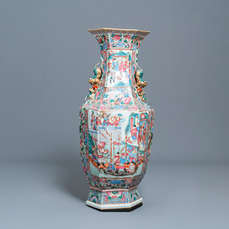 A large Chinese hexagonal famille rose vase, 19th C.