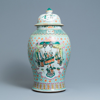 A large Chinese famille verte vase and cover, 19th C.