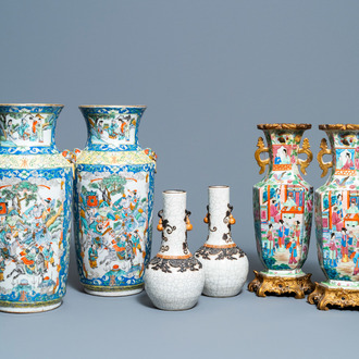 Trois paires de vases en porcelaine de Chine famille rose, verte et à fond craquelé, Chine, 19ème