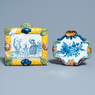 A Dutch Delft mixed technique plaque with a barrel maker and one with a tulip, 18th C.