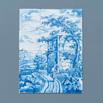 Un tableau de carreaux en faïence de Delft en bleu et blanc à décor d'une bergère, 18ème