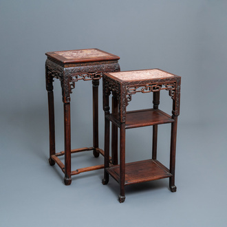 Two Chinese hongmu wooden stands with marble tops, 19th C.