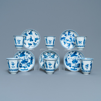 Six large Chinese blue and white cups and five saucers, Yu mark, Kangxi