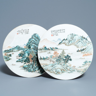 Two round Chinese qianjiang cai 'landscape' plaques, signed Ao Shaoquan and dated 1904