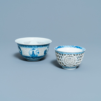 Two Chinese blue and white reticulated bowls, Transitional period and Kangxi