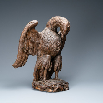 An oak model of a pelican, 17th C.