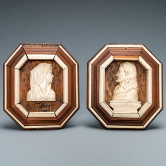 Two bone profile busts of Christ and the Virgin Mary, 19th C.