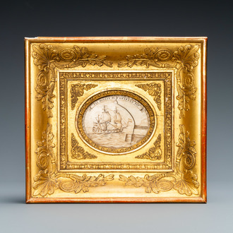 Une plaque en ivoire gravé représentant un navire avec inscription 'S'il mollit, il n'entrera pas', France, 18ème
