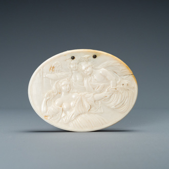 A silver-mounted oval ivory box depicting Diana and her nymphs, 18th C.