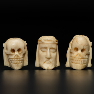 Three two-faced bone memento mori, 19th C.