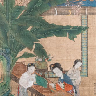 Ecole chinoise, d'après Li Gonglin, encre et couleurs sur soie: 'Dame à son table de maquillage', 17/18ème