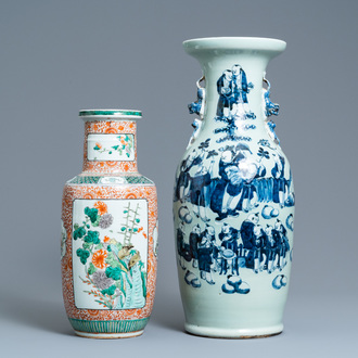 A Chinese blue and white celadon-ground vase and a famille verte rouleau vase, 19th C.