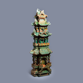 An exceptional large inscribed Chinese sancai-glazed pagoda, dated 1550, Ming