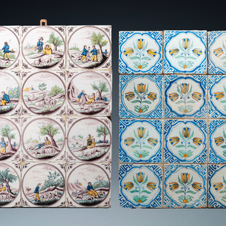 Deux ensembles de douze carreaux en faïence de Delft polychrome, 17ème et 19ème
