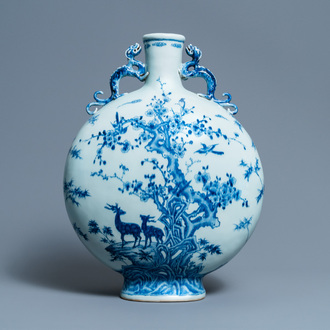 A large Chinese blue and white moonflask 'deer' vase, Qianlong mark and of the period