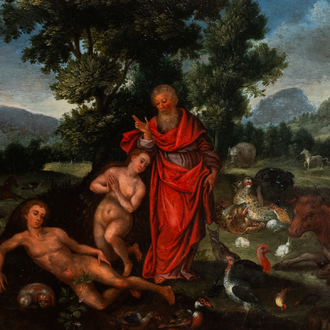 Flemish school, circle of Jan van Kessel (1626-1679), oil on copper: The creation of Eve