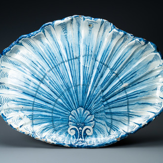 An exceptionally large blue and white shell-shaped dish, Rouen, France, 17th C.