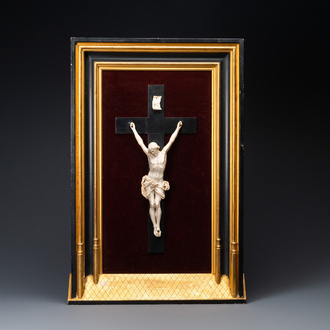 An ivory Corpus Christi set in a Gothic revival architectural frame, Bologna school, Italy, 16/17th C.