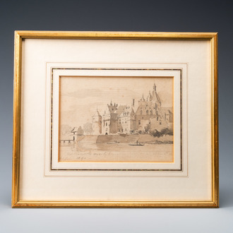 Cornelis Springer (1817 - 1891), crayon et aquarelle en brun sur papier: Vue sur le Château Duurstede