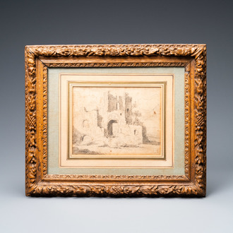 Attr. à Jacob van Ruisdael (1628/9 - 1682), crayon sur papier: Paysage avec ruine