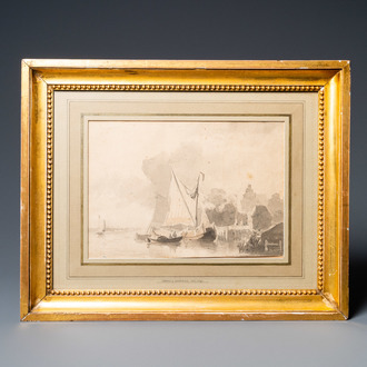 Attr. à Cornelis Springer (1817 - 1891), crayon et aquarelle en brun sur papier: Des barques à fond plat auprès de la rive