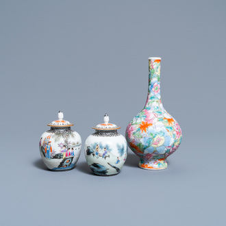 Une paire de vases couverts miniatures et un vase millefleurs en porcelaine de Chine famille rose, marques de Qianlong, République