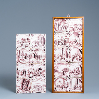 Eighteen fine Dutch Delft manganaese biblical subject tiles, 18th C.