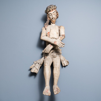 Une grande statue de Christ aux liens en bois sculpté et polychromé, Flandres, art populaire, 16ème
